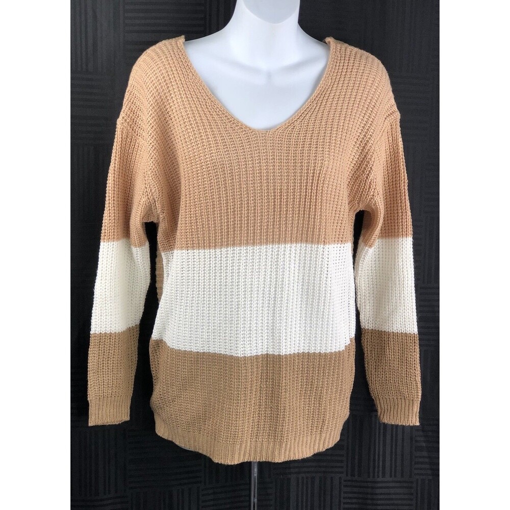 NWT Thyme & Honey Sweater M Ivory/Brown Colorblock V-Neck & Back Open Twist Back